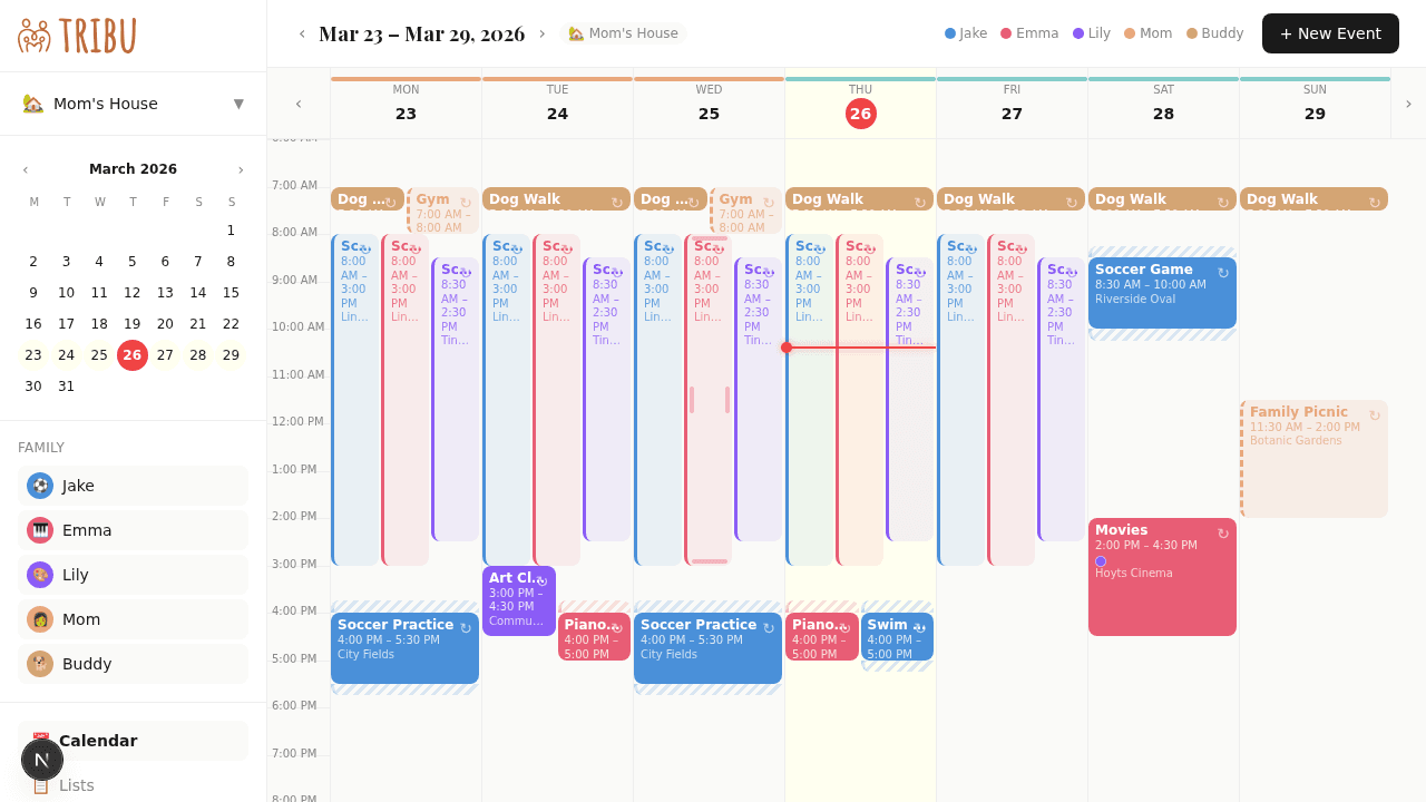 Tribu week view showing colour-coded family events across a shared household calendar